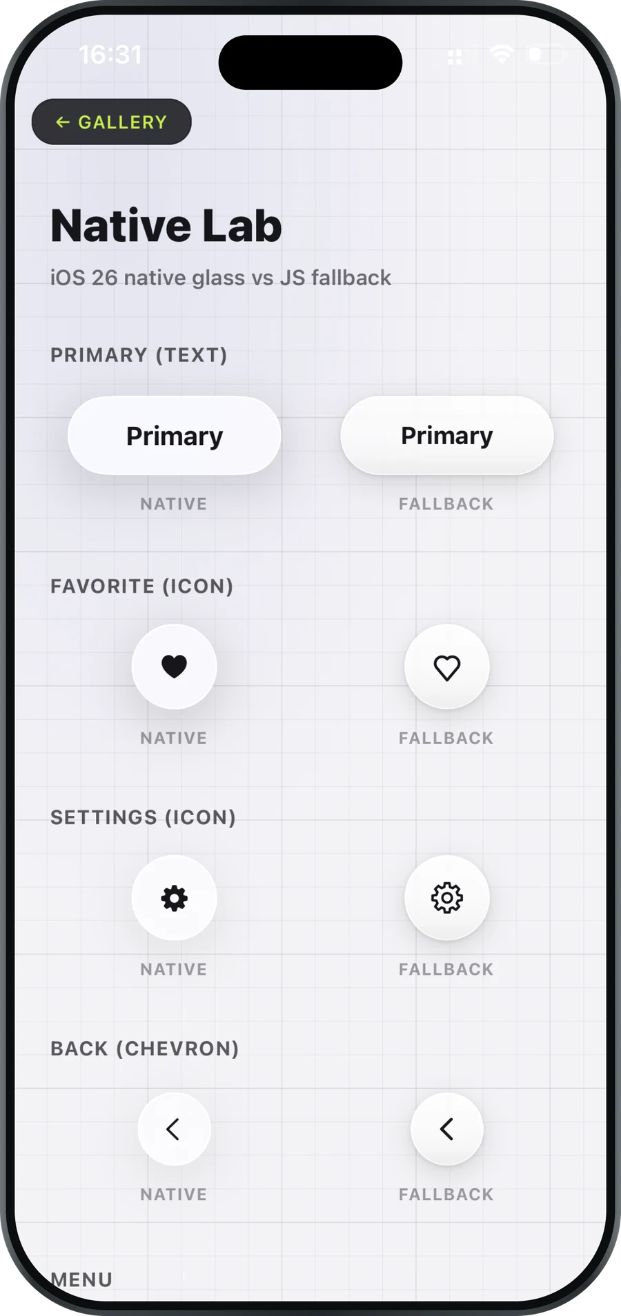 Liquid Glass — Native glass beside the JS fallback, labelled, on one screen