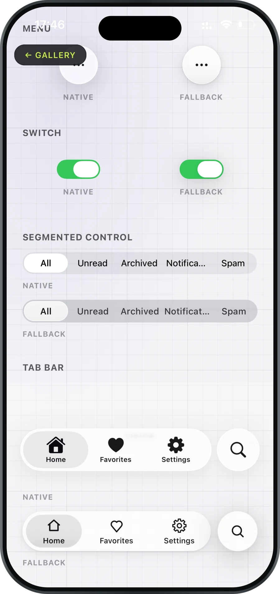 Liquid Glass — Menu, switch, segmented control and tab bar, both tiers