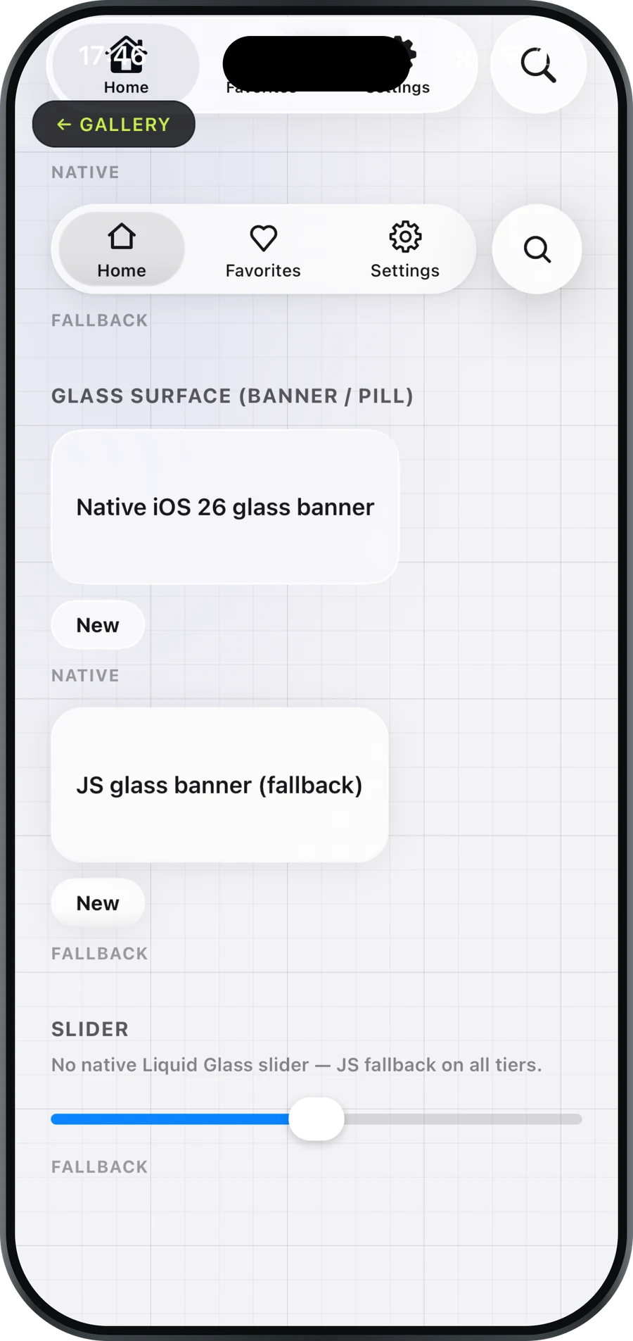 Liquid Glass — A glass surface, a banner and a pill, over a backdrop picked to break them