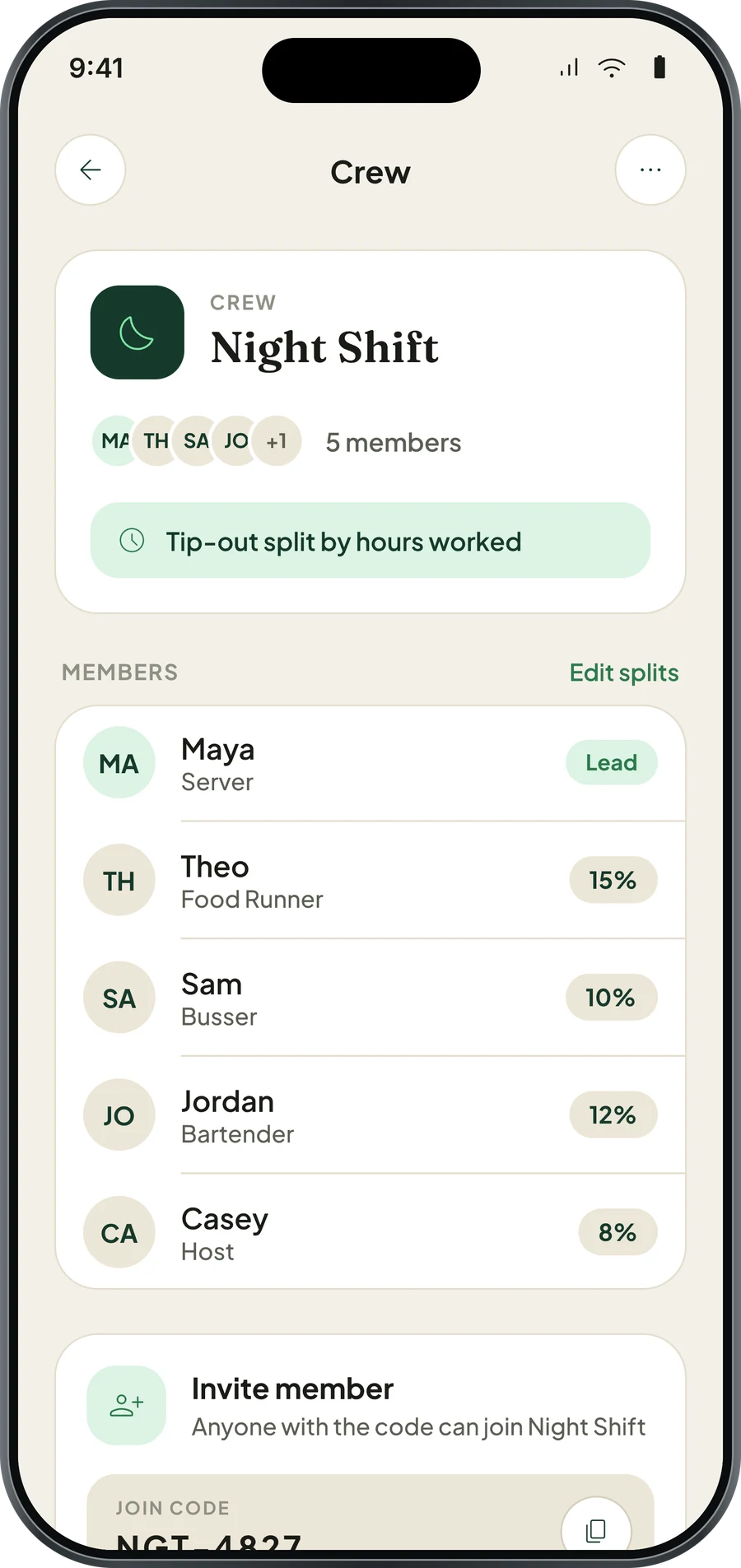 TeamTipOut app screen