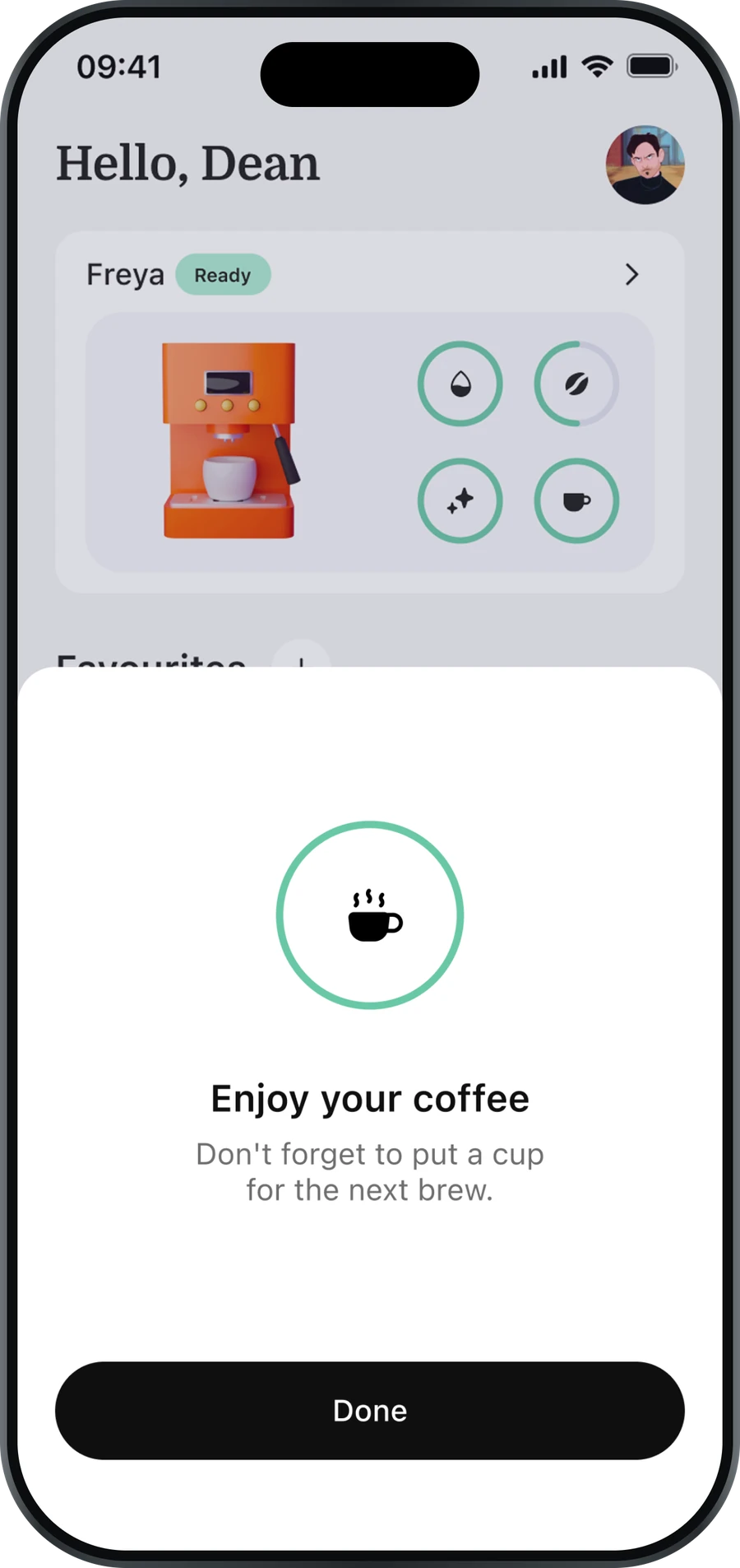 CoffeeBrew — Done, and a cup left ready for the next one